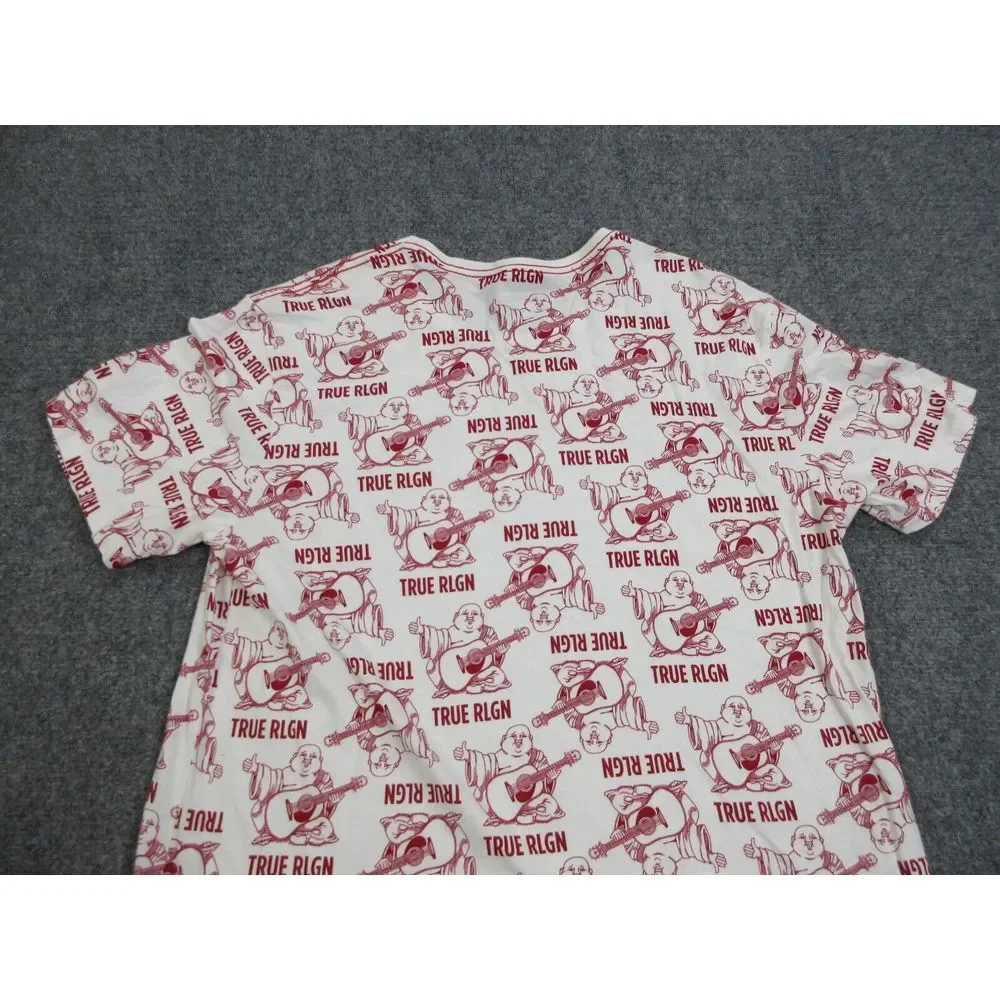 True Religion Shirt Mens 2XL‎ XXL Red White All Over Print Buddha Guitar Logo